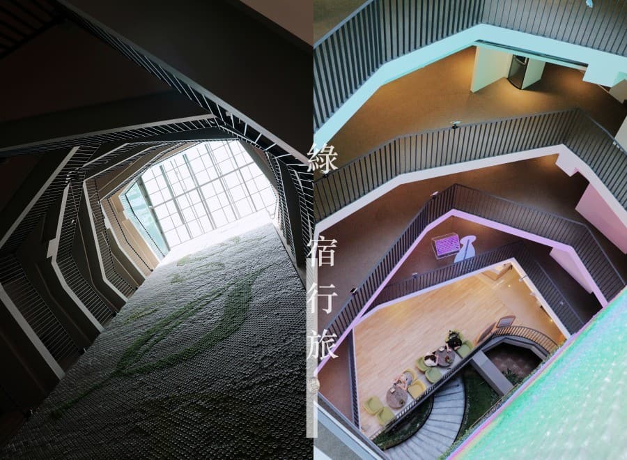 天井、光牆、以及每層樓不規則設計的走廊，形成漂亮的視覺效果